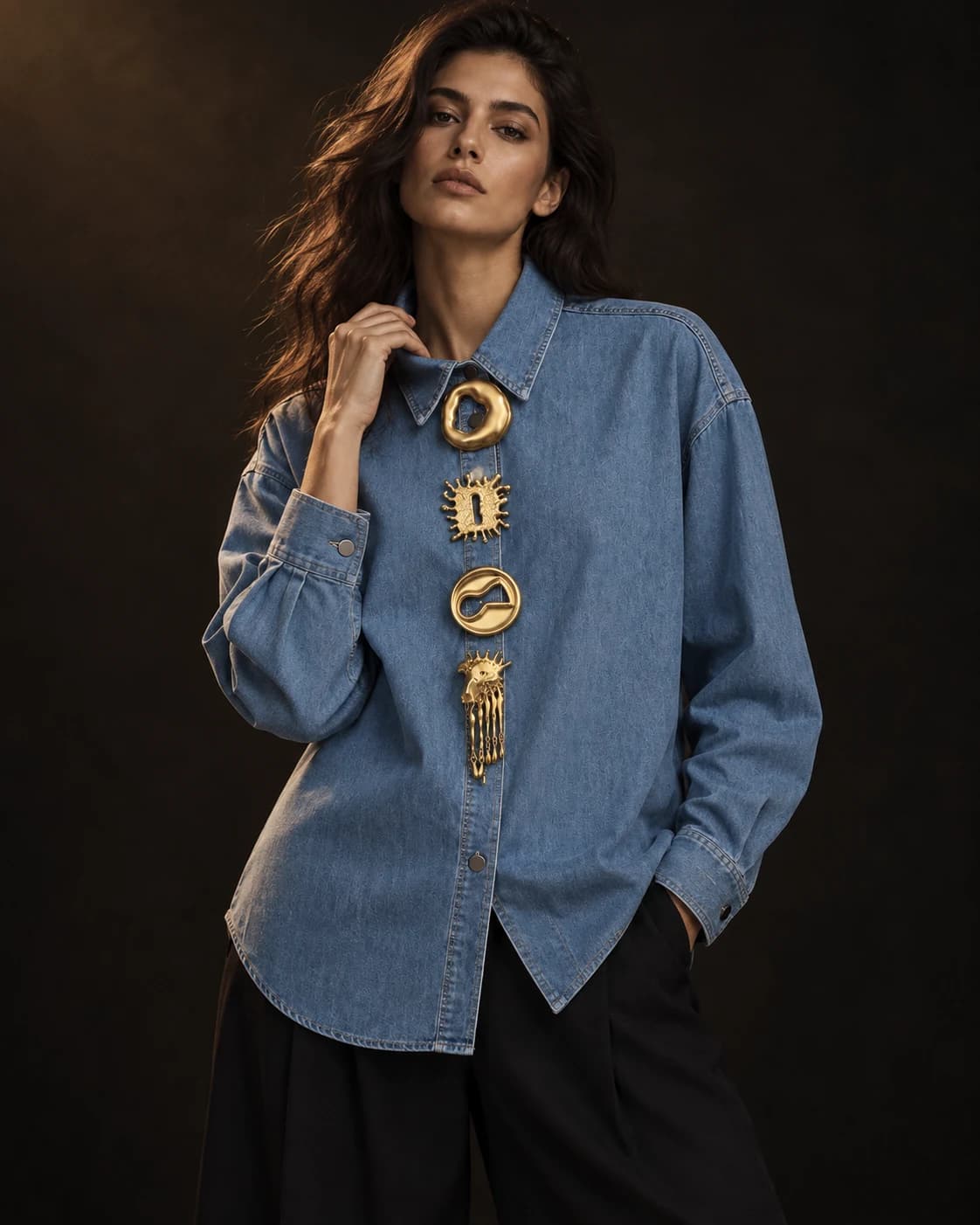 Brooch Denim Shirt in Mid denim, styled on a model