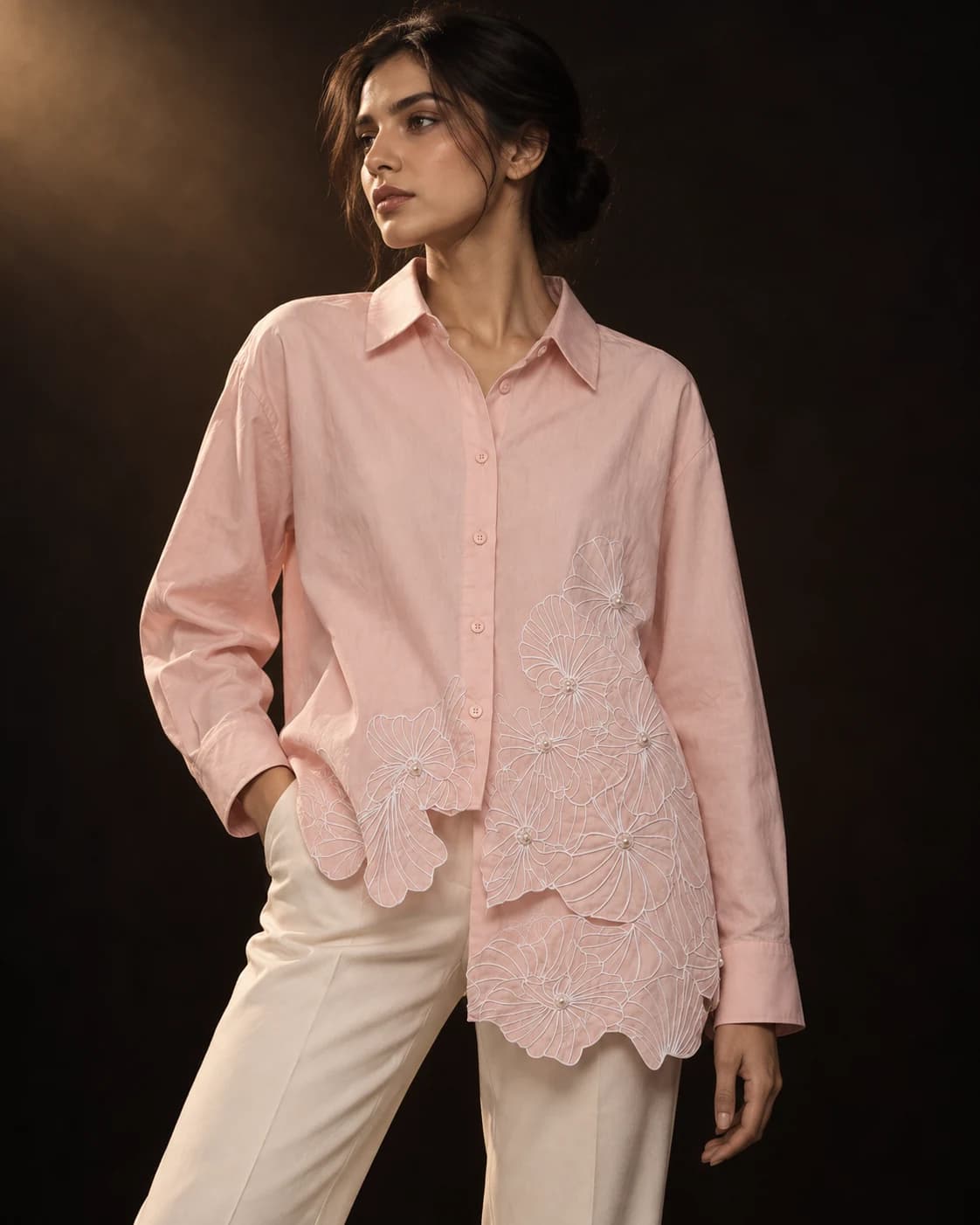Floral Hem Shirt in Blush, styled on a model