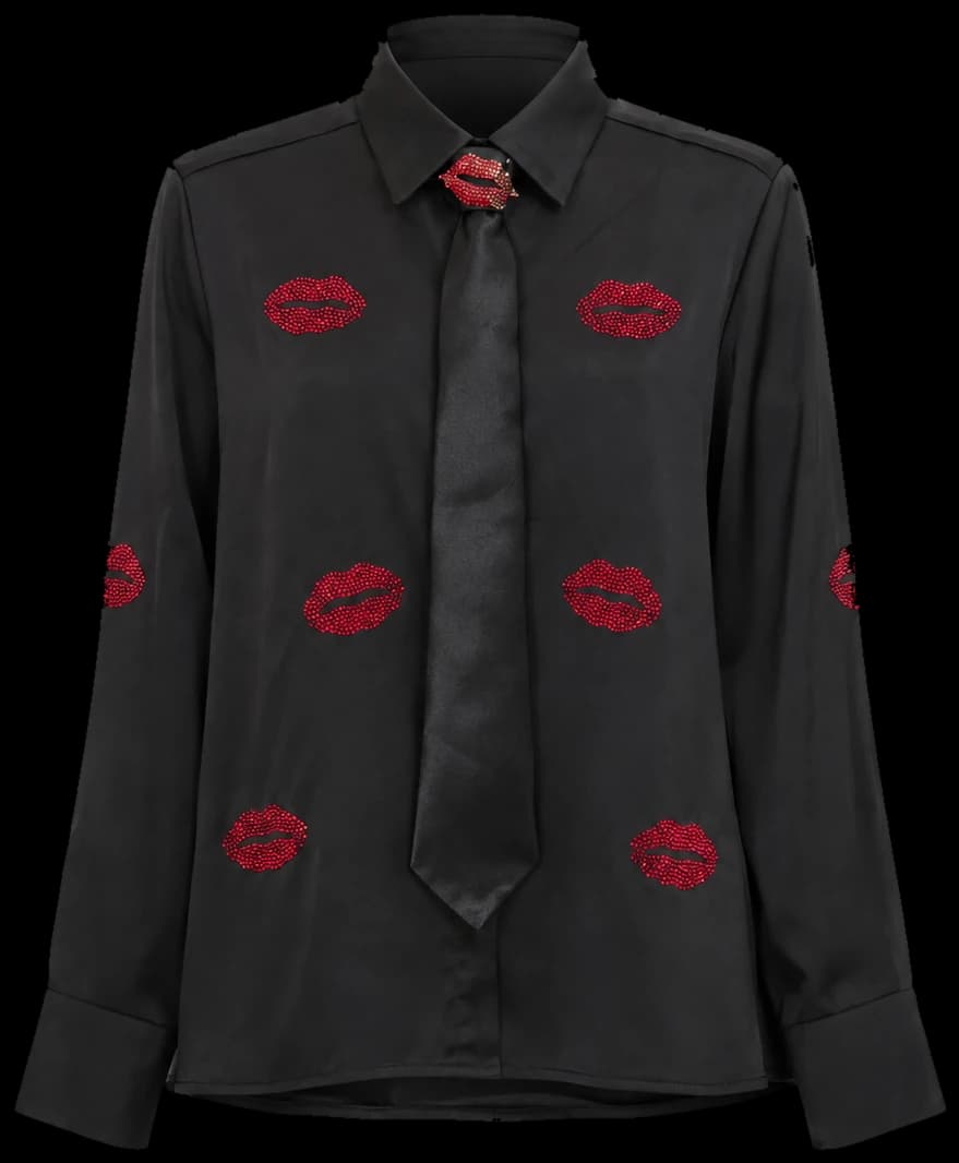 Lip Embroidered Shirt in Black